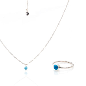 Silk & Steel Superfine mini Turquoise Necklace and Rope Ring in rhodium-plated sterling silver Jewellery Set 