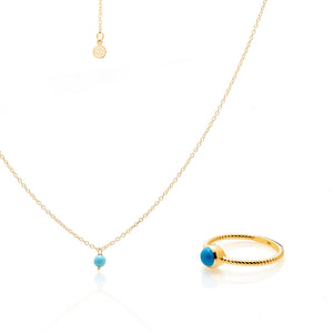 Silk & Steel Superfine mini Turquoise Necklace and Rope Ring in gold-plated sterling silver Jewellery Set 