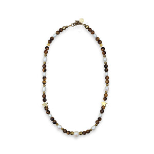 Resilience necklace with Tiger’s Eye, Jasper, Freshwater Pearls and Hematite in gold-plated stainless steel.